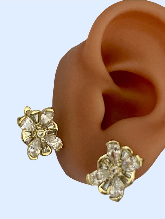 Gold Plate Jewelry - Gold Tone Floral Crystal Earrings - White Crystal
